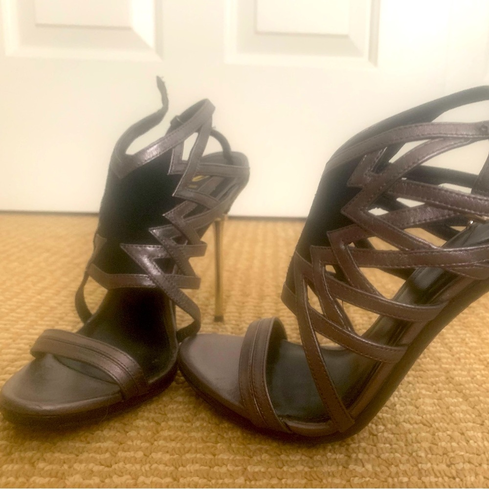 Brian Atwood size 6.5.  HIGH metal heel sandal.